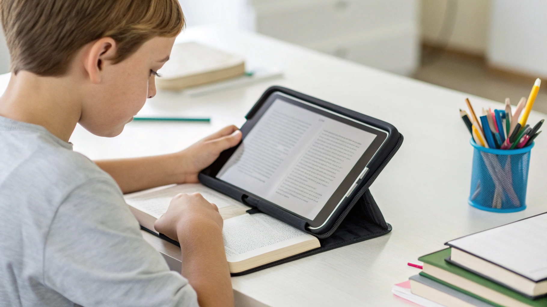 Ребёнок читает на планшете в ударопрочном чехле‑бампере
