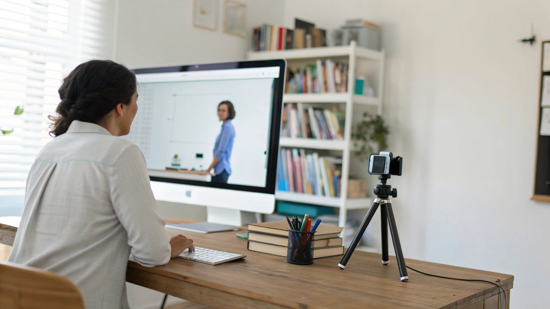 Преподаватель с веб‑камерой с автофреймингом у доски и настройками macOS