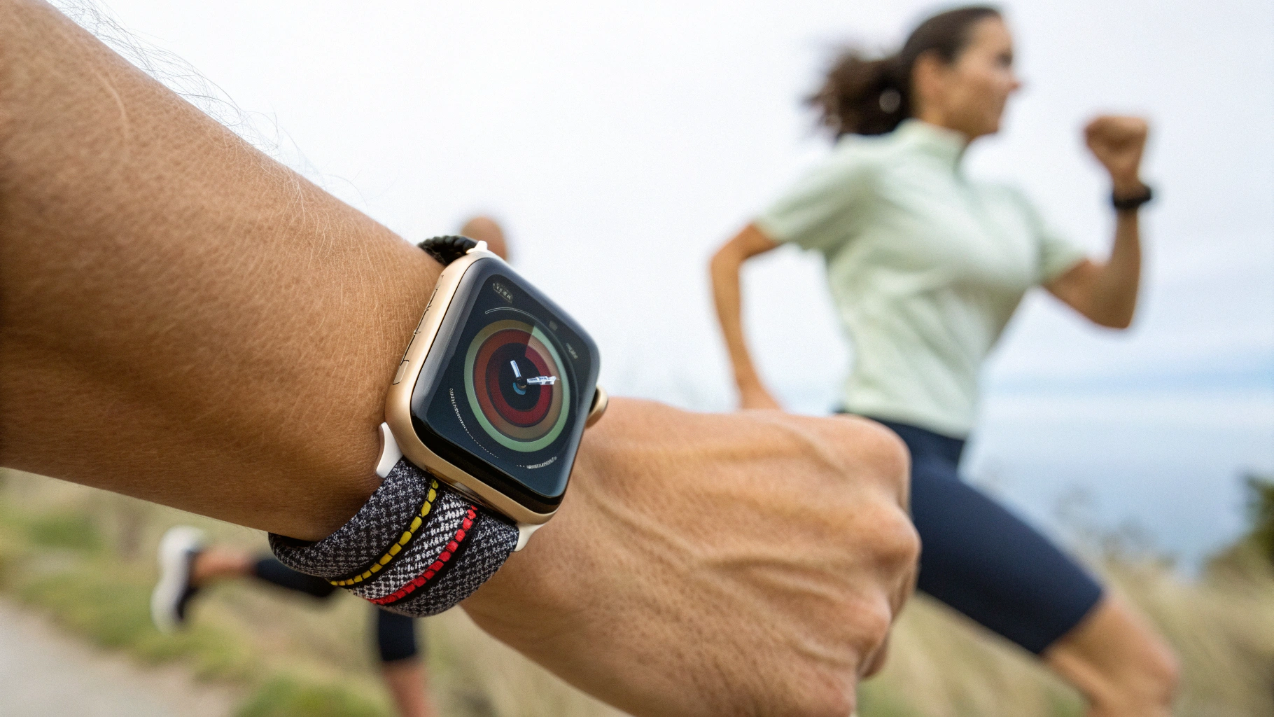Apple Watch Ultra с нейлоновой петлей на беговой тренировке