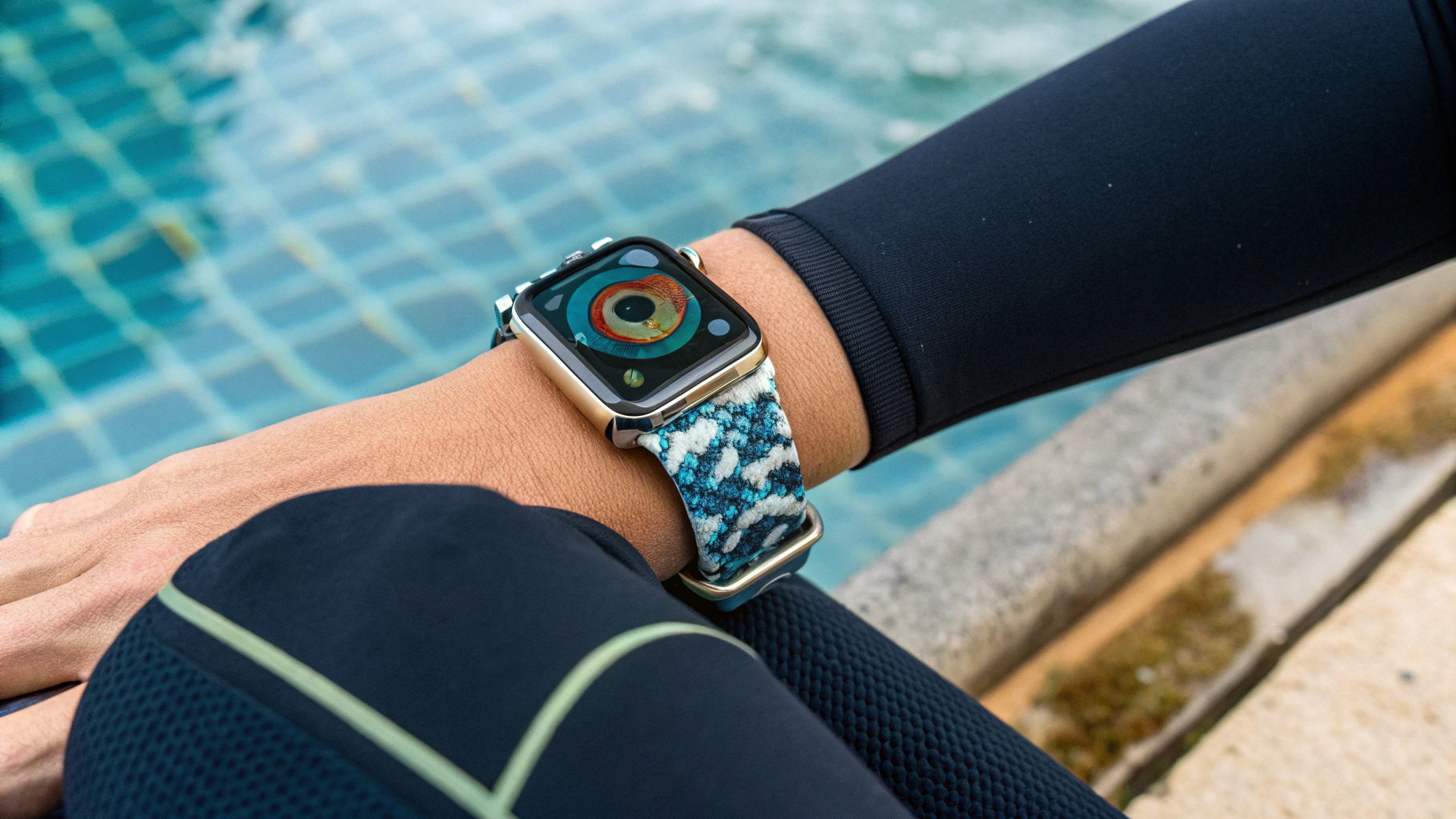 Apple Watch Ultra с ремешком Ocean на краю бассейна рядом с гидрокостюмом