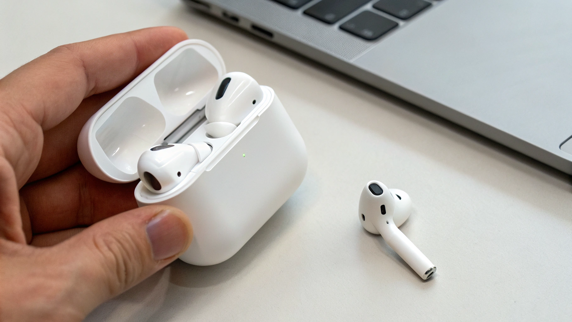 AirPods 3 крупным планом с кейсом на столе