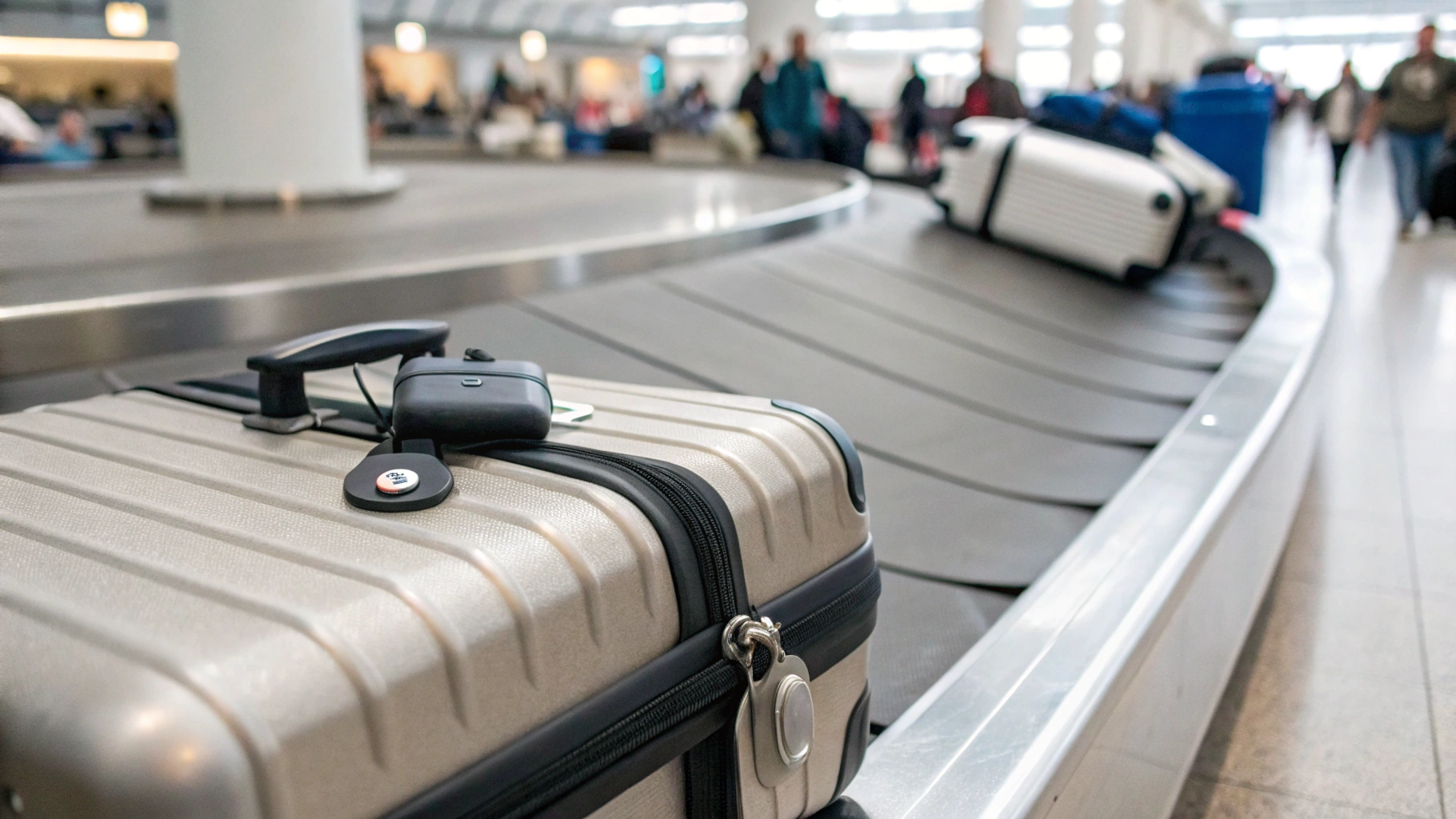 Чемодан с AirTag в держателе и SmartTag2 на ручке у ленты выдачи багажа