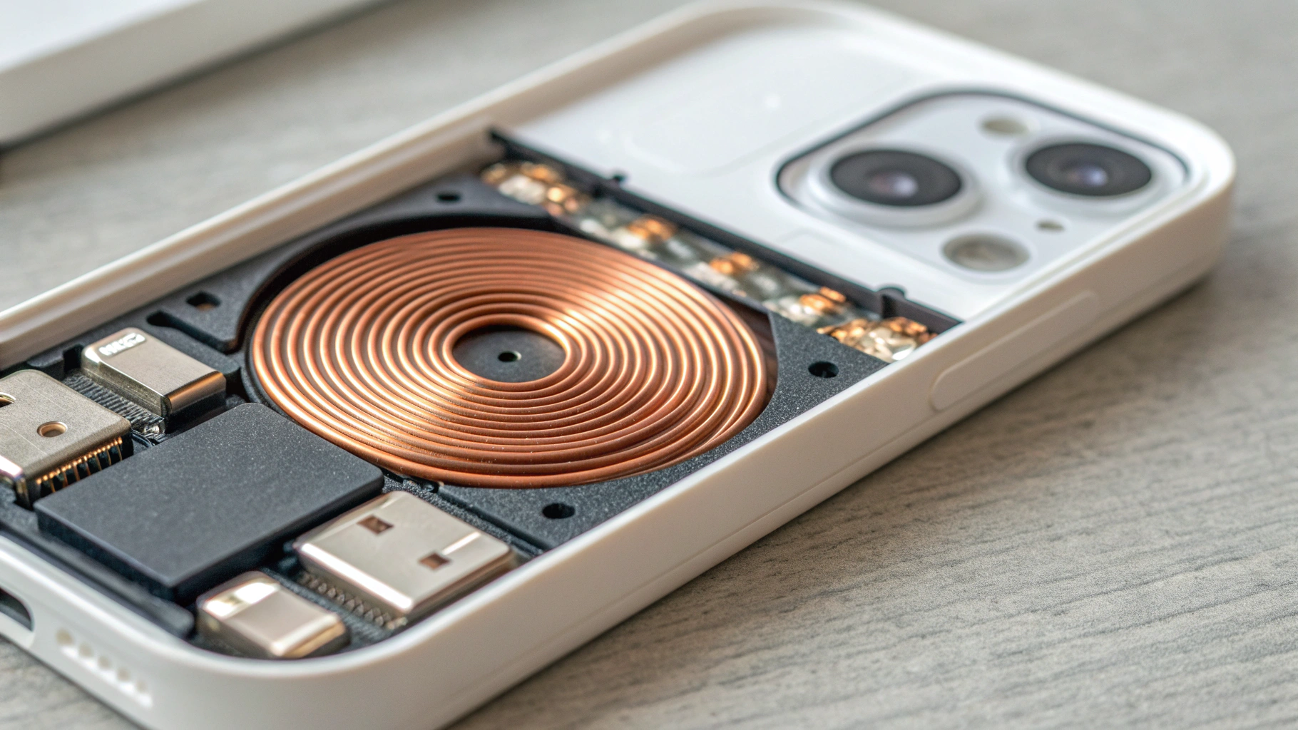 Схематично: катушка, магниты и ячейки аккумулятора в чехле‑батарее