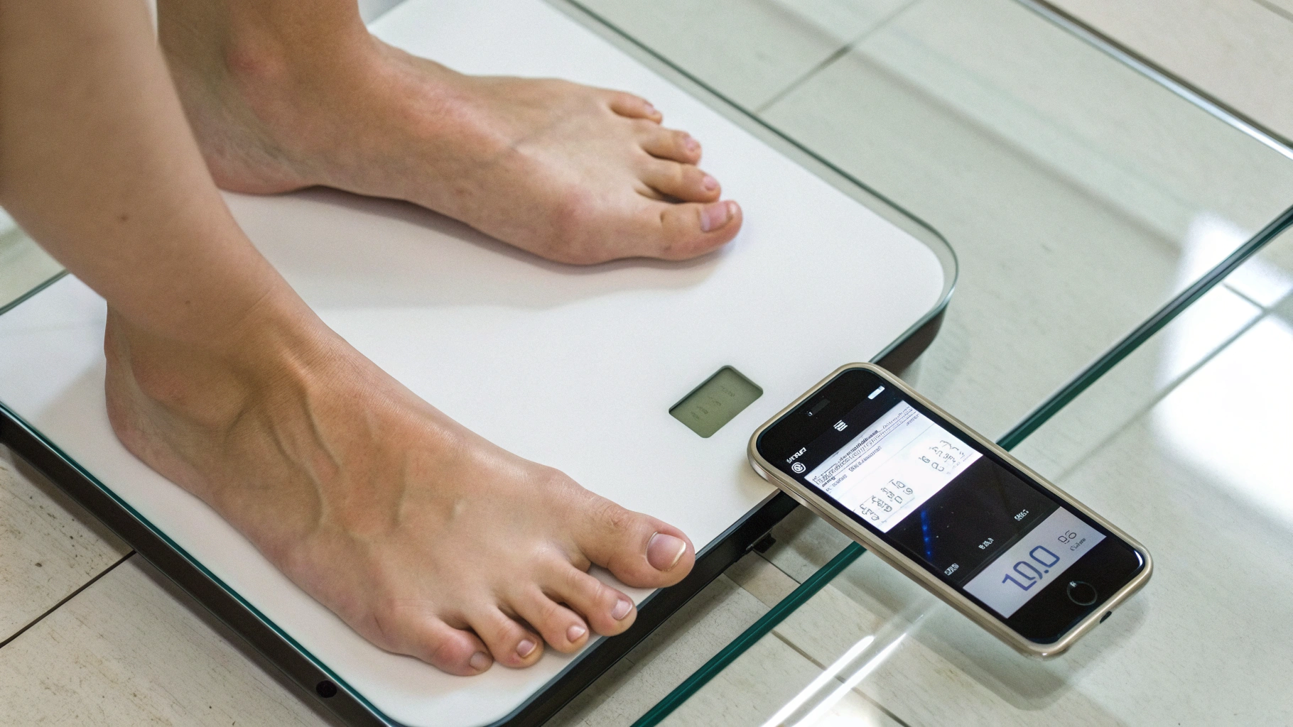 Крупный план платформы умных весов и экран iPhone с Apple Здоровьем