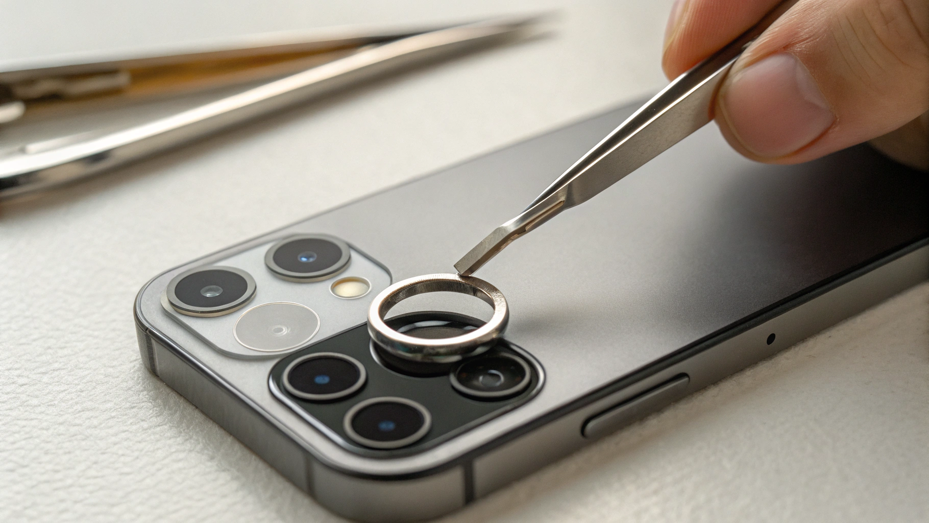Установка металлической рамки на камеру iPhone с помощью пинцета