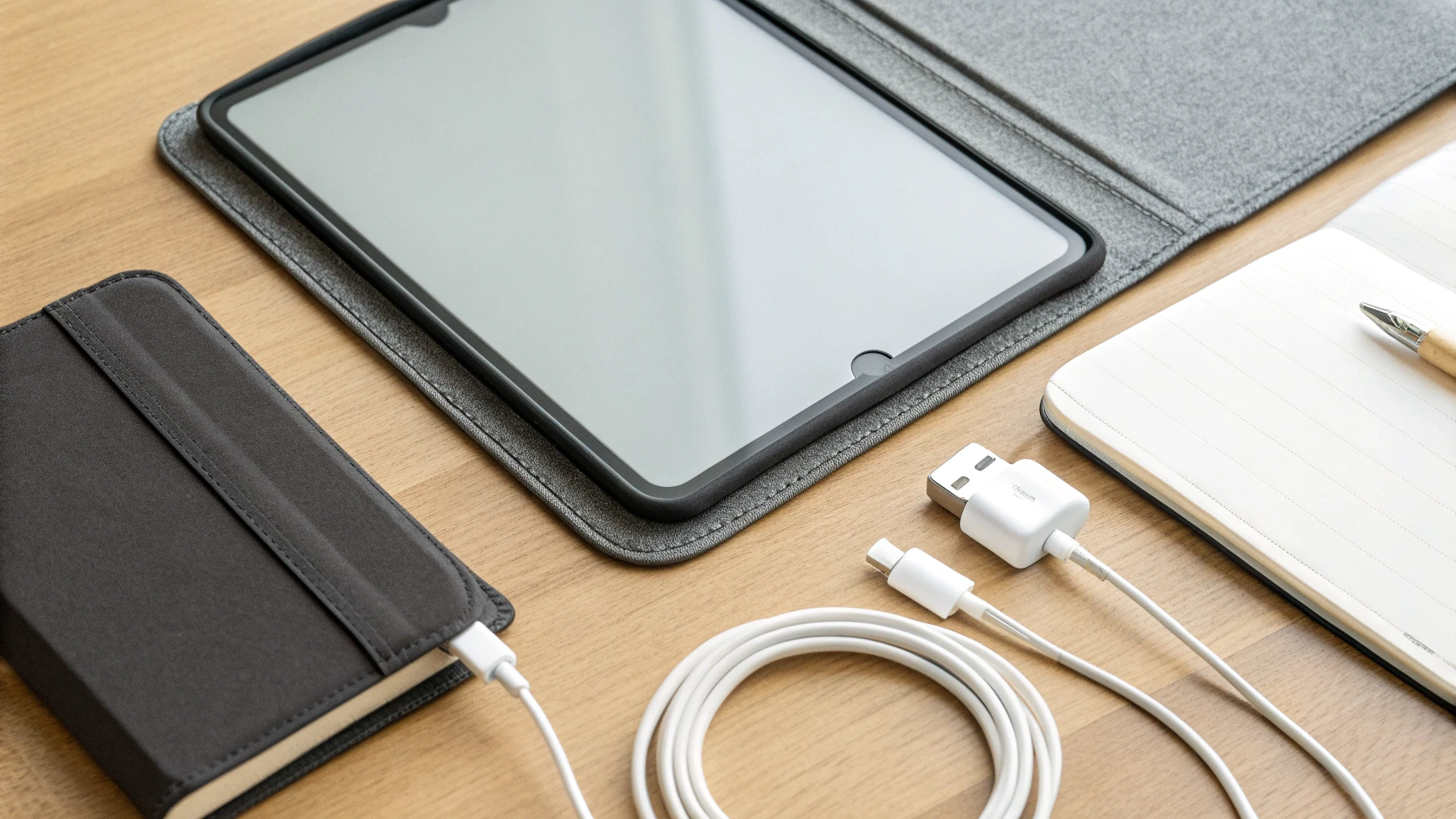 Чехол, защита экрана и GaN‑зарядка для iPad на рабочем столе студента