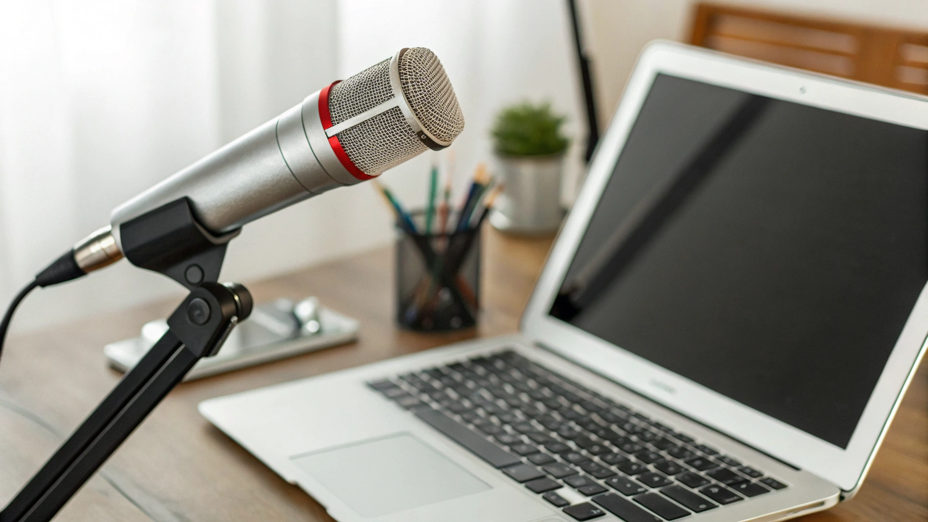 Динамический USB‑микрофон на пантографе у ноутбука в домашнем офисе