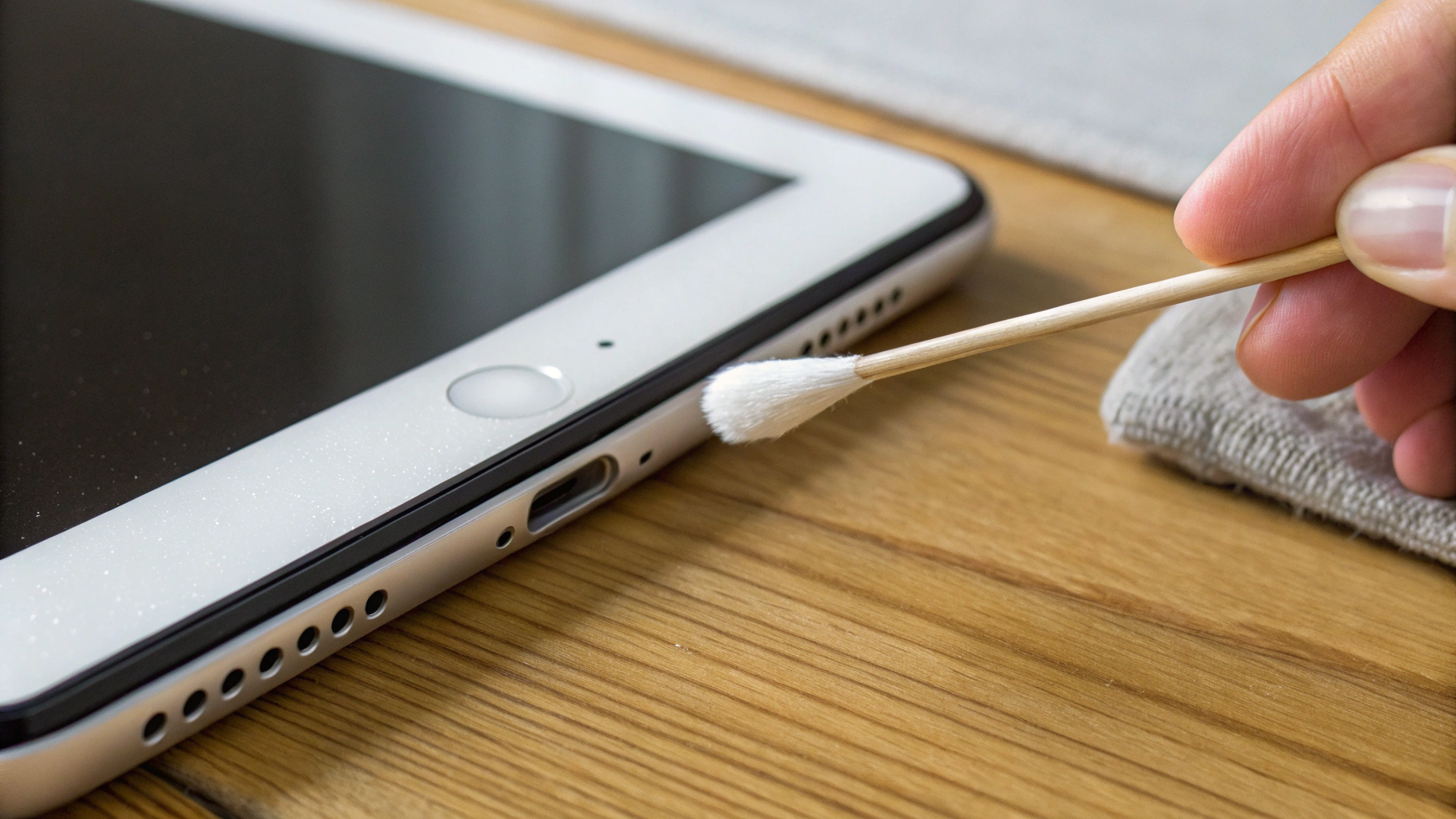 Аккуратная чистка порта iPad деревянной зубочисткой