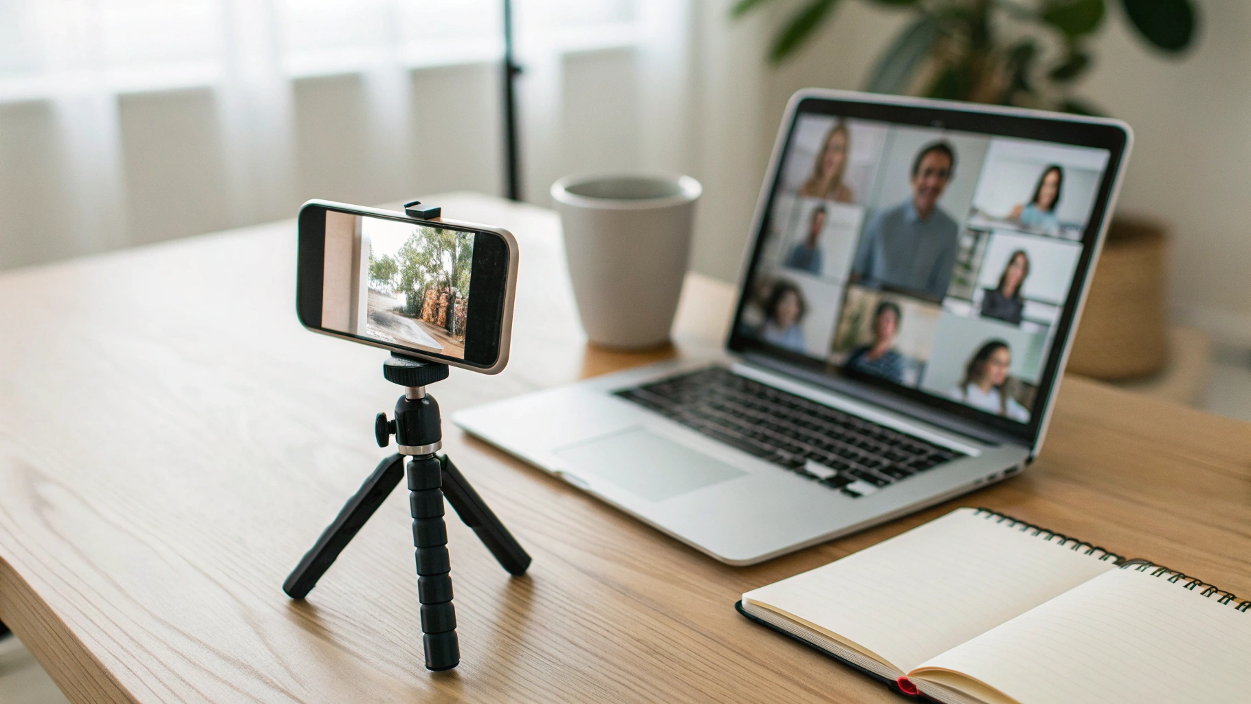 iPhone на настольном мини‑штативе для видеозвонка дома
