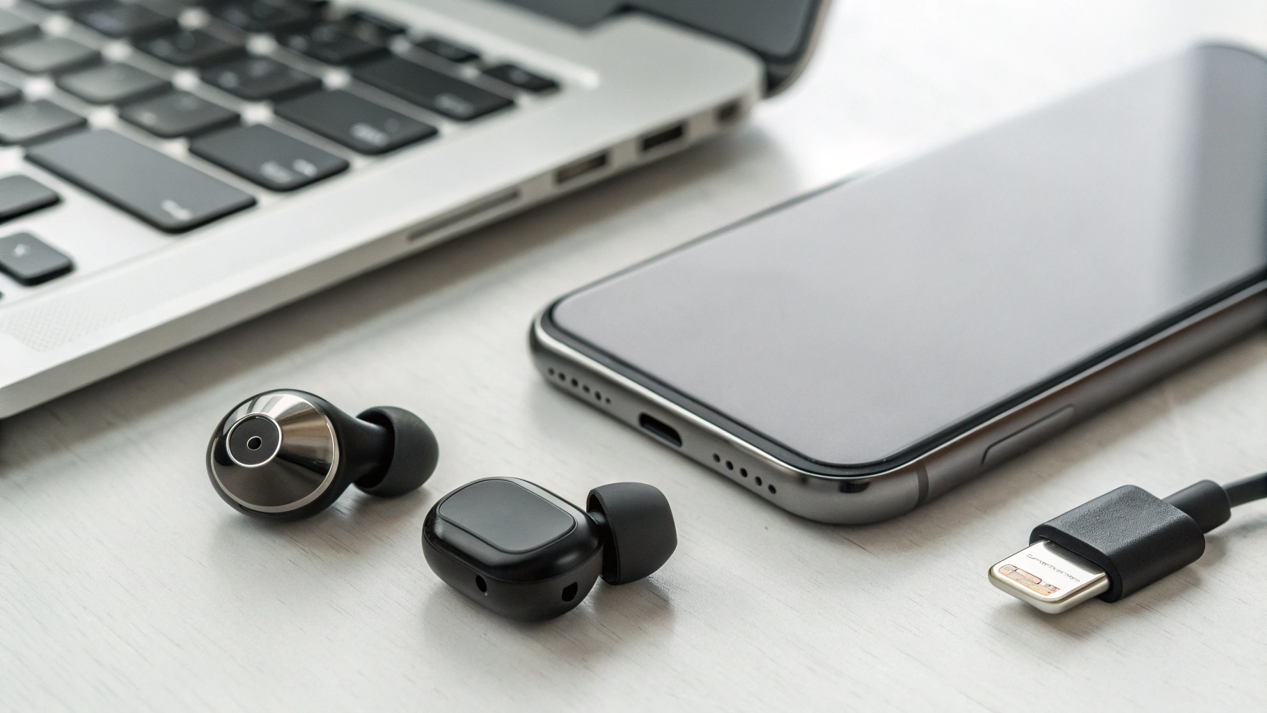 Игровые TWS и USB‑C донгл рядом со смартфоном