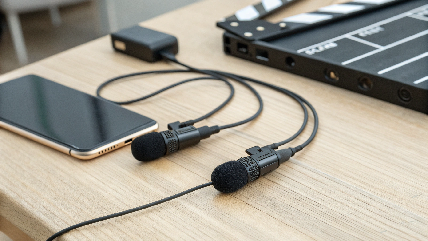 Схема интервью: две петлички в рекордер, USB‑C в iPhone, клопушка для синхронизации