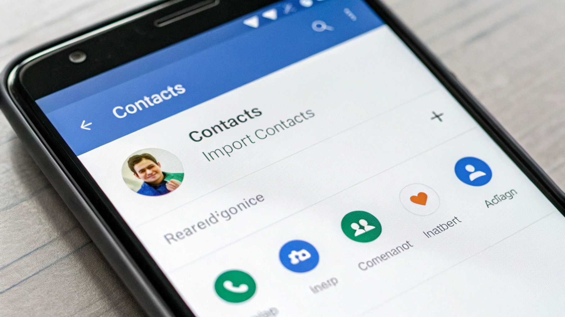 Экран Android с приложением «Контакты» и импортом в Google‑аккаунт