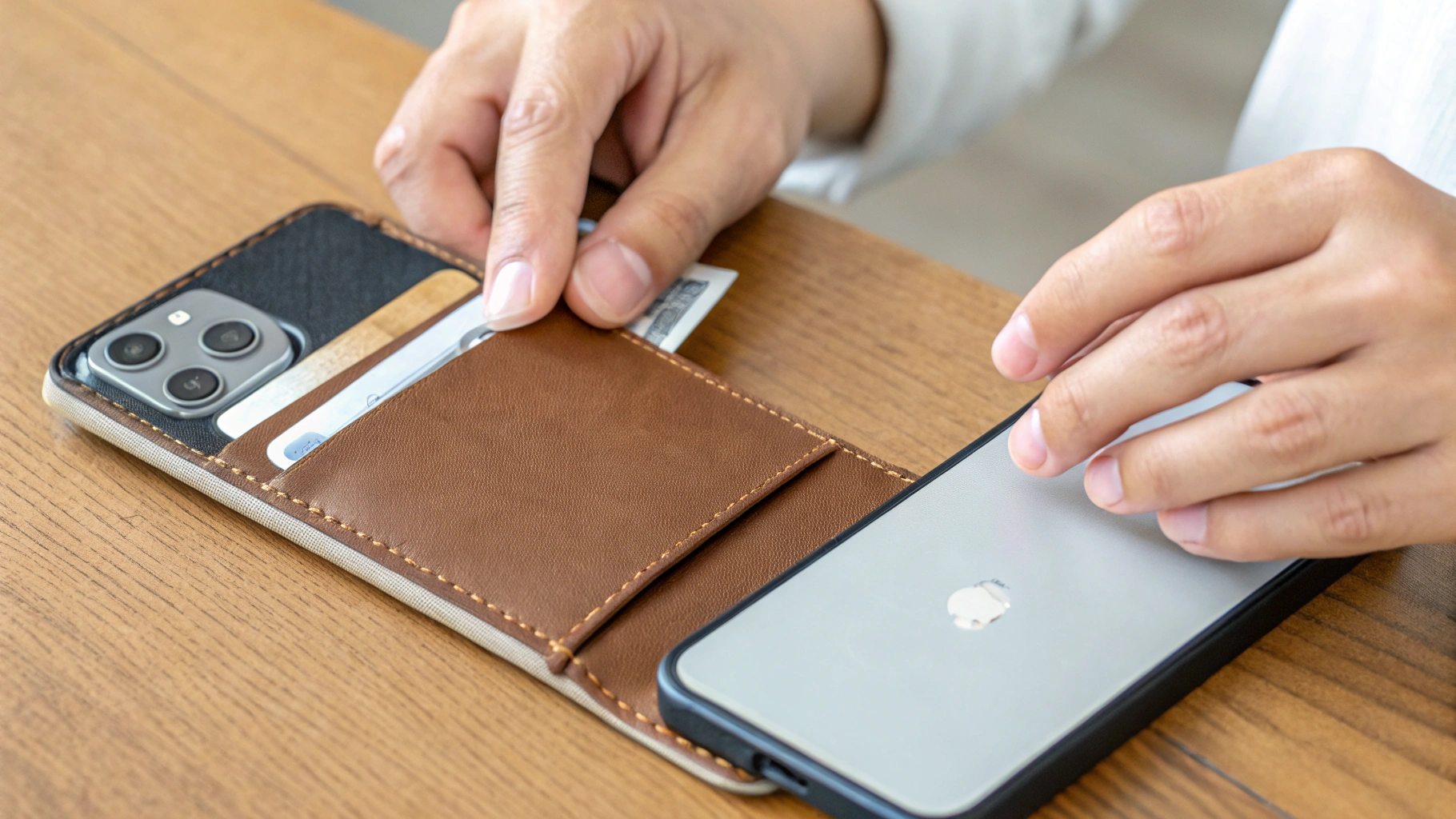 Достаем карту из кошелька MagSafe на iPhone крупным планом