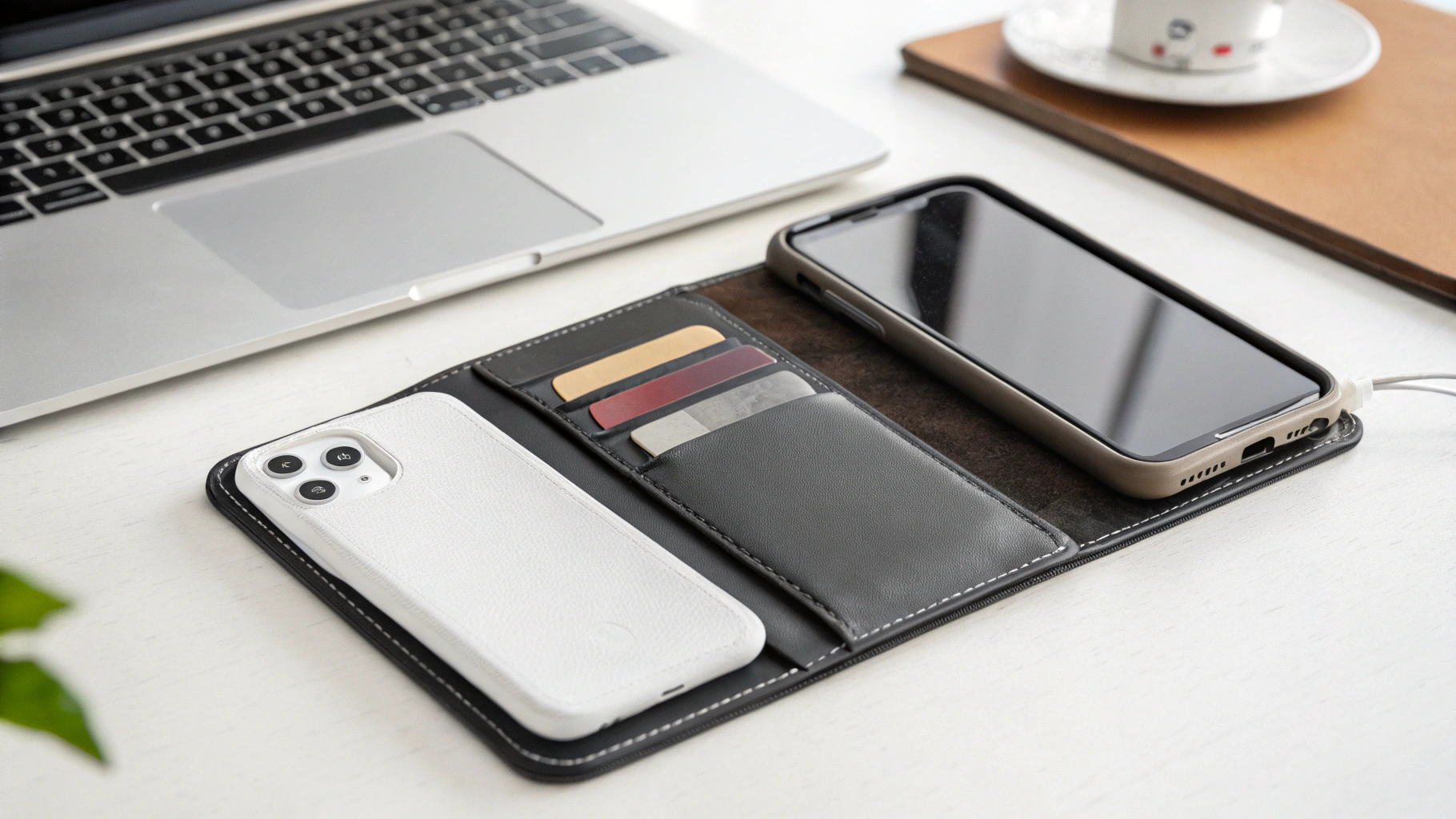 Открытый чехол‑книжка для iPhone с карманами под карты и зарядкой рядом