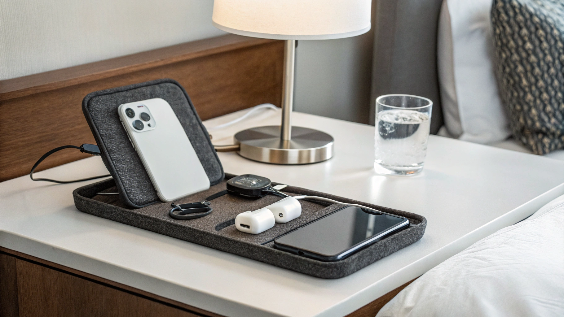 Складная станция 3‑в‑1 на прикроватной тумбочке: iPhone на MagSafe, Apple Watch на модуле и кейс AirPods