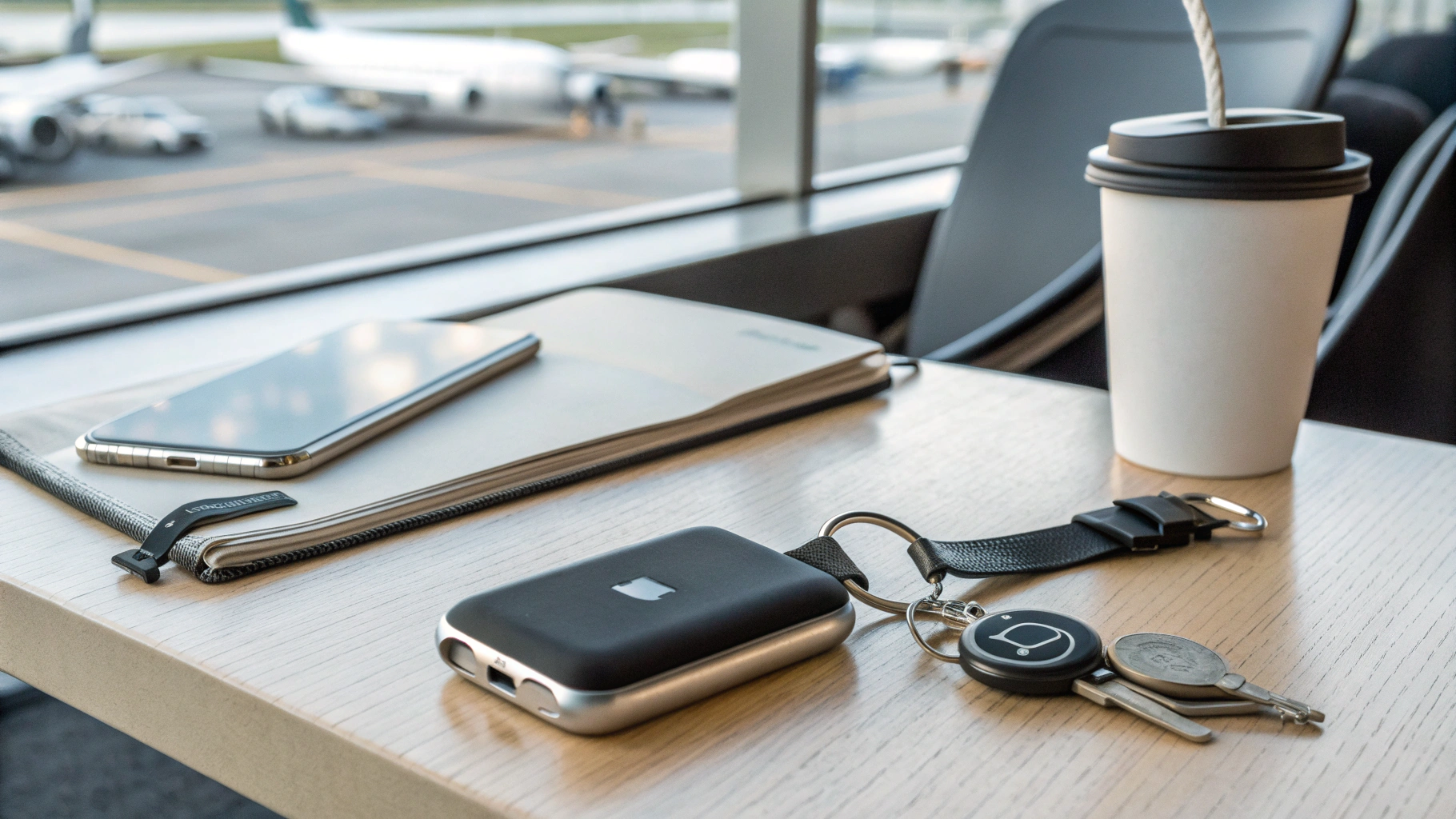 Брелок‑зарядка Apple Watch, подключённый к USB‑C пауэрбанку в аэропорту