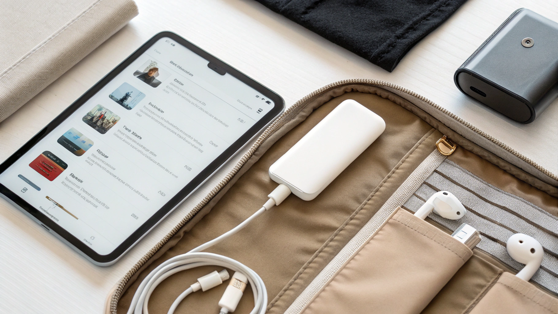 iPad с офлайн фильмами, рядом AirPods, SSD и пауэрбанк