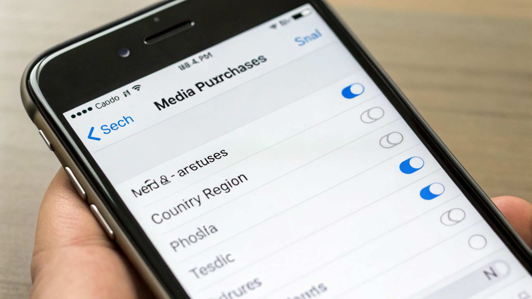 Раздел «Медиа и покупки» на iPhone с пунктом «Страна/регион»