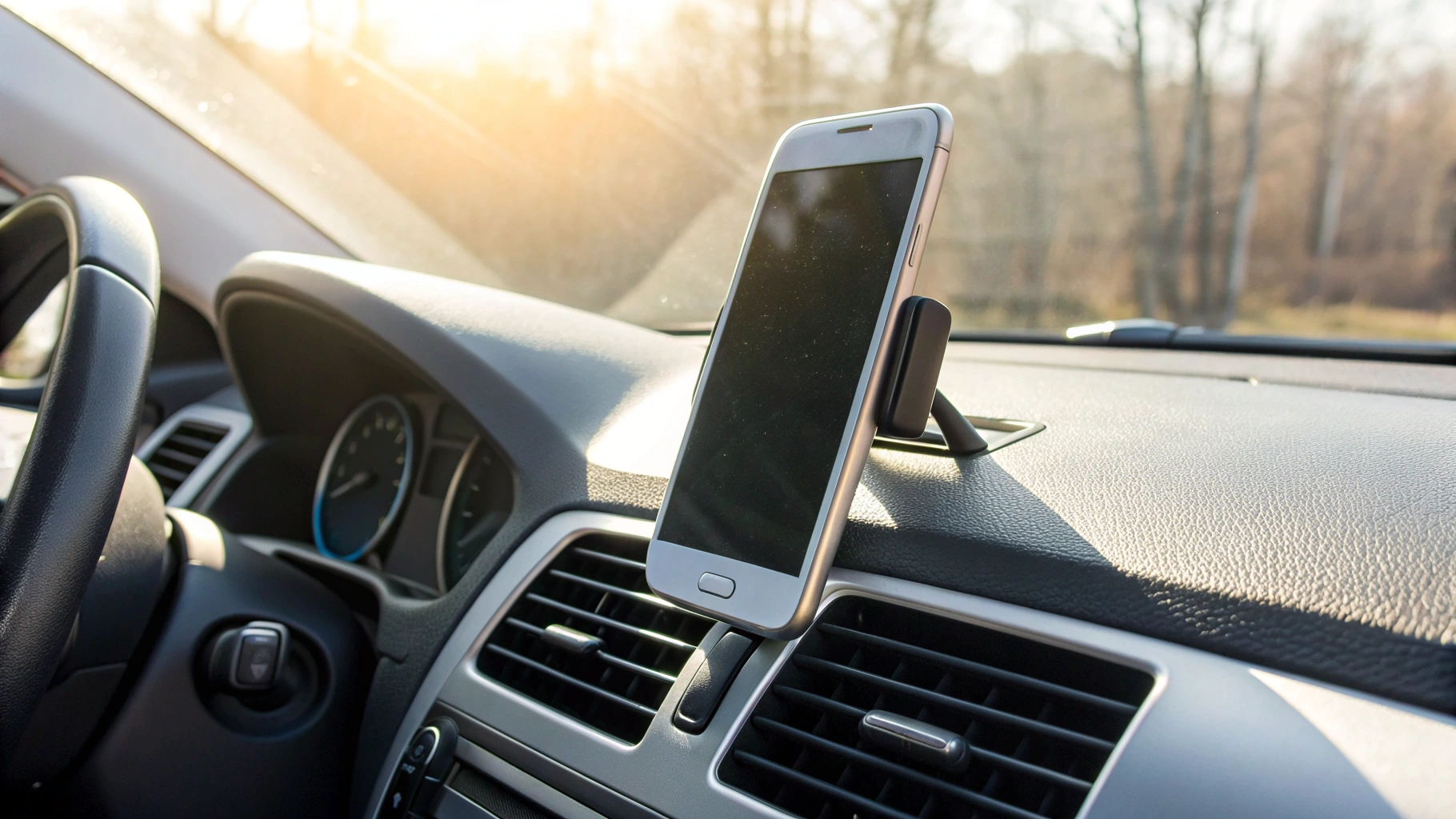 Телефон Samsung в автомобильном держателе у дефлекторов кондиционера летом
