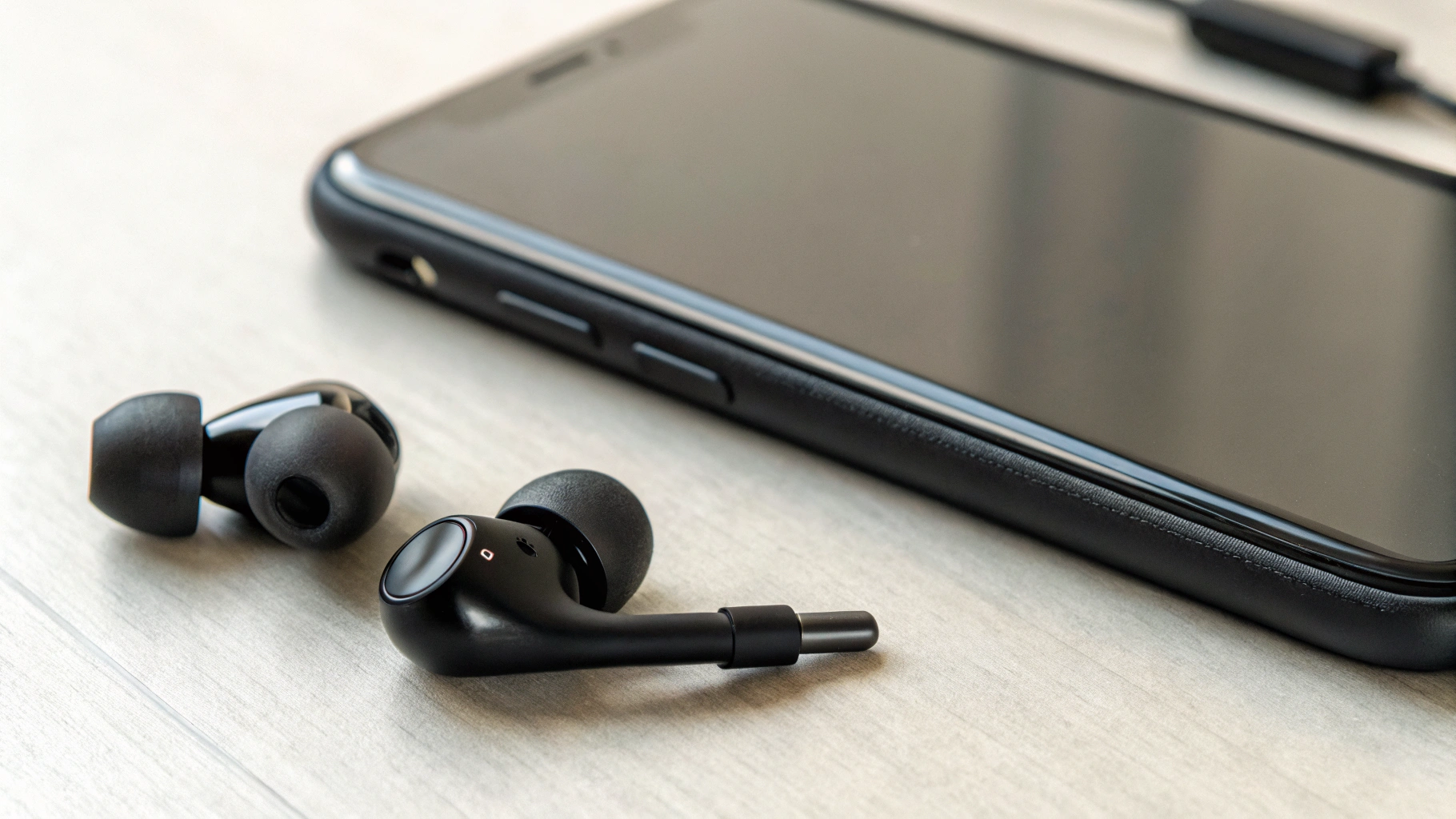 TWS-наушники со «стеблем» и микрофонами рядом со смартфоном