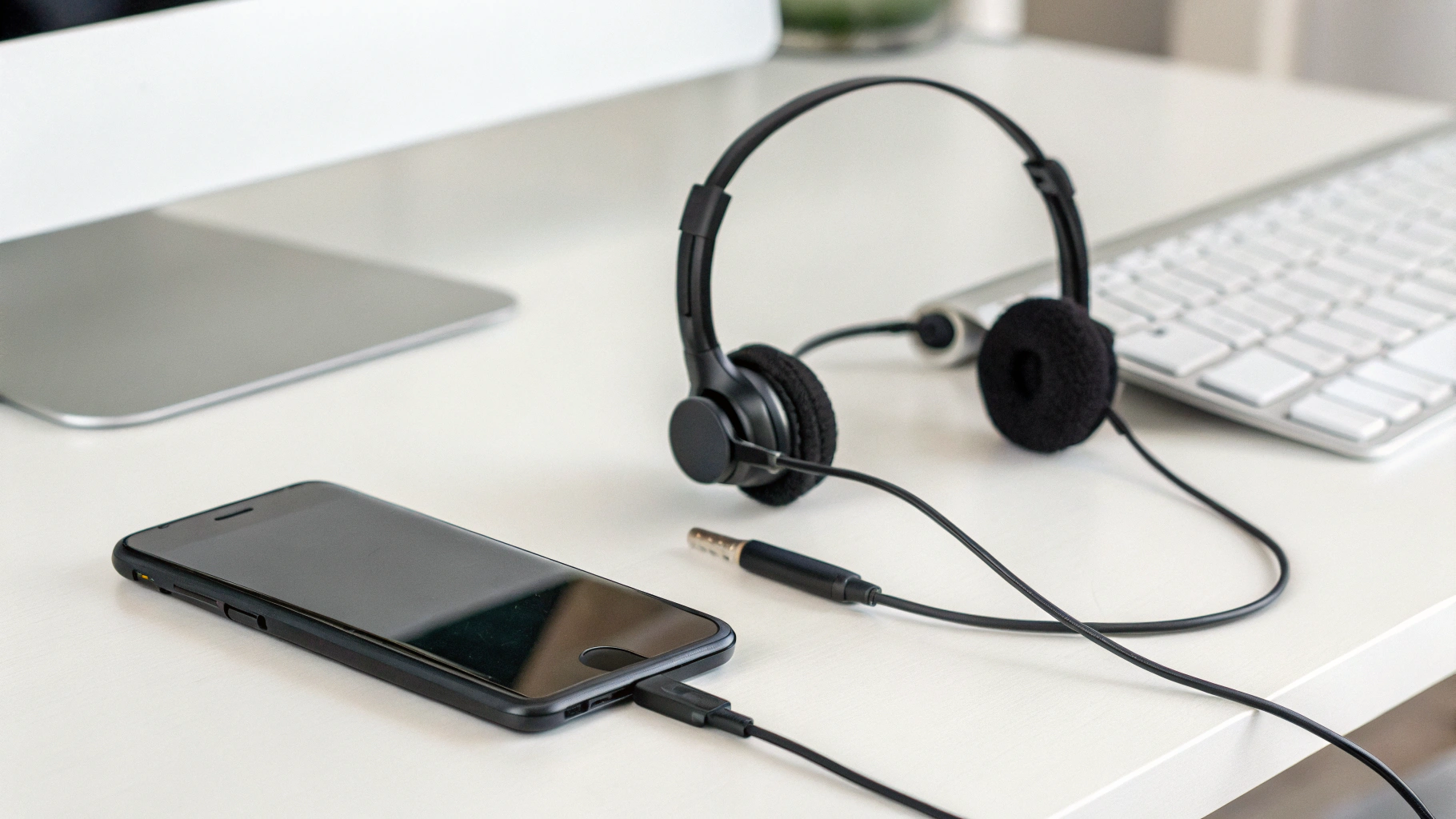 Проводная USB‑C гарнитура с пультом и микрофоном, подключенная к смартфону