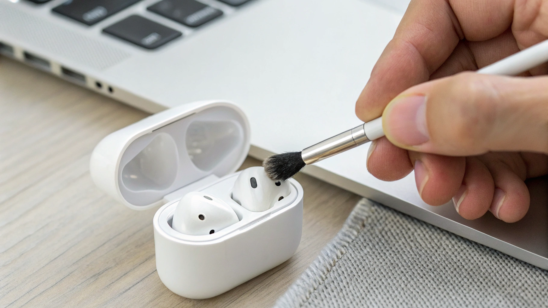 Очистка контактов кейса AirPods мягкой щеткой