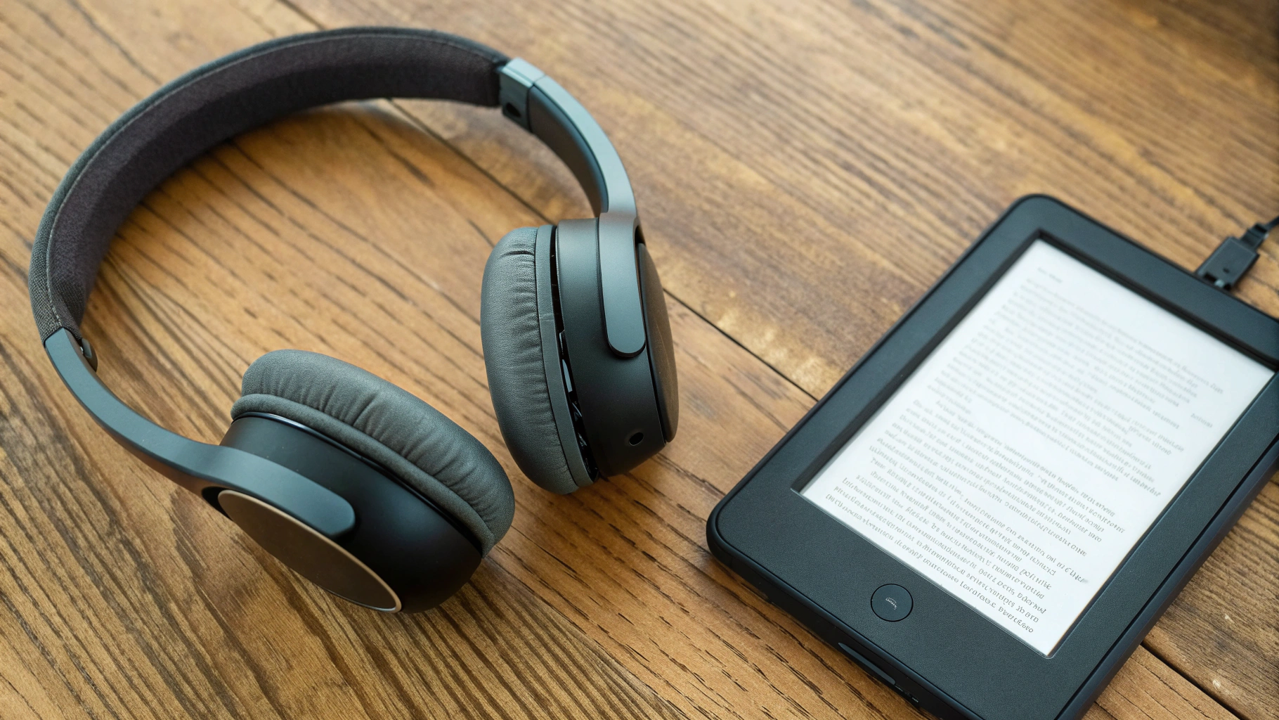 Ридер с подключёнными по Bluetooth наушниками, экран с воспроизведением аудиокниги