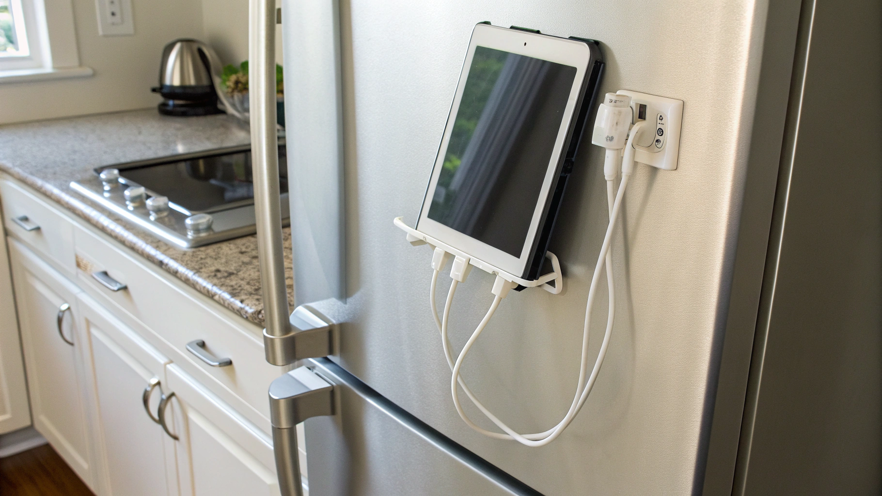 Планшет на холодильнике на широком магнитном держателе с плоским кабелем в клипсах к розетке