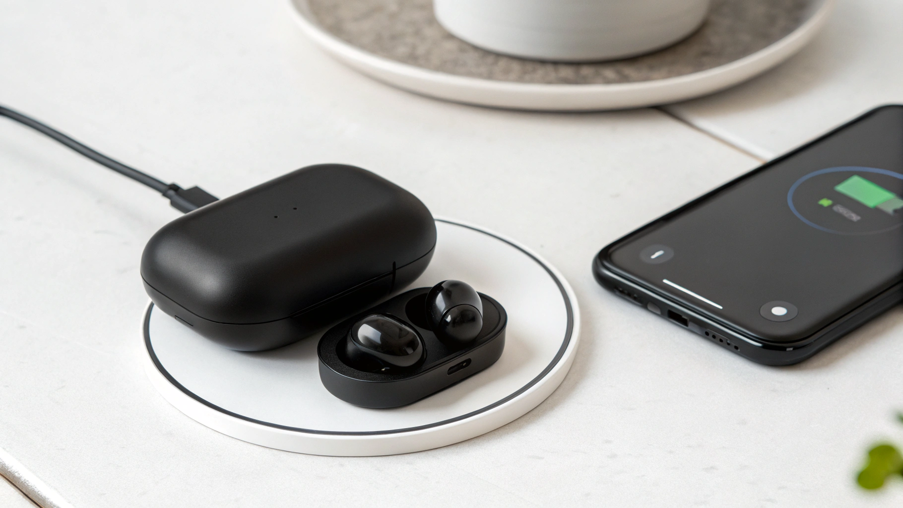 Galaxy Buds 4 на беспроводной зарядке и смартфон с уровнем заряда