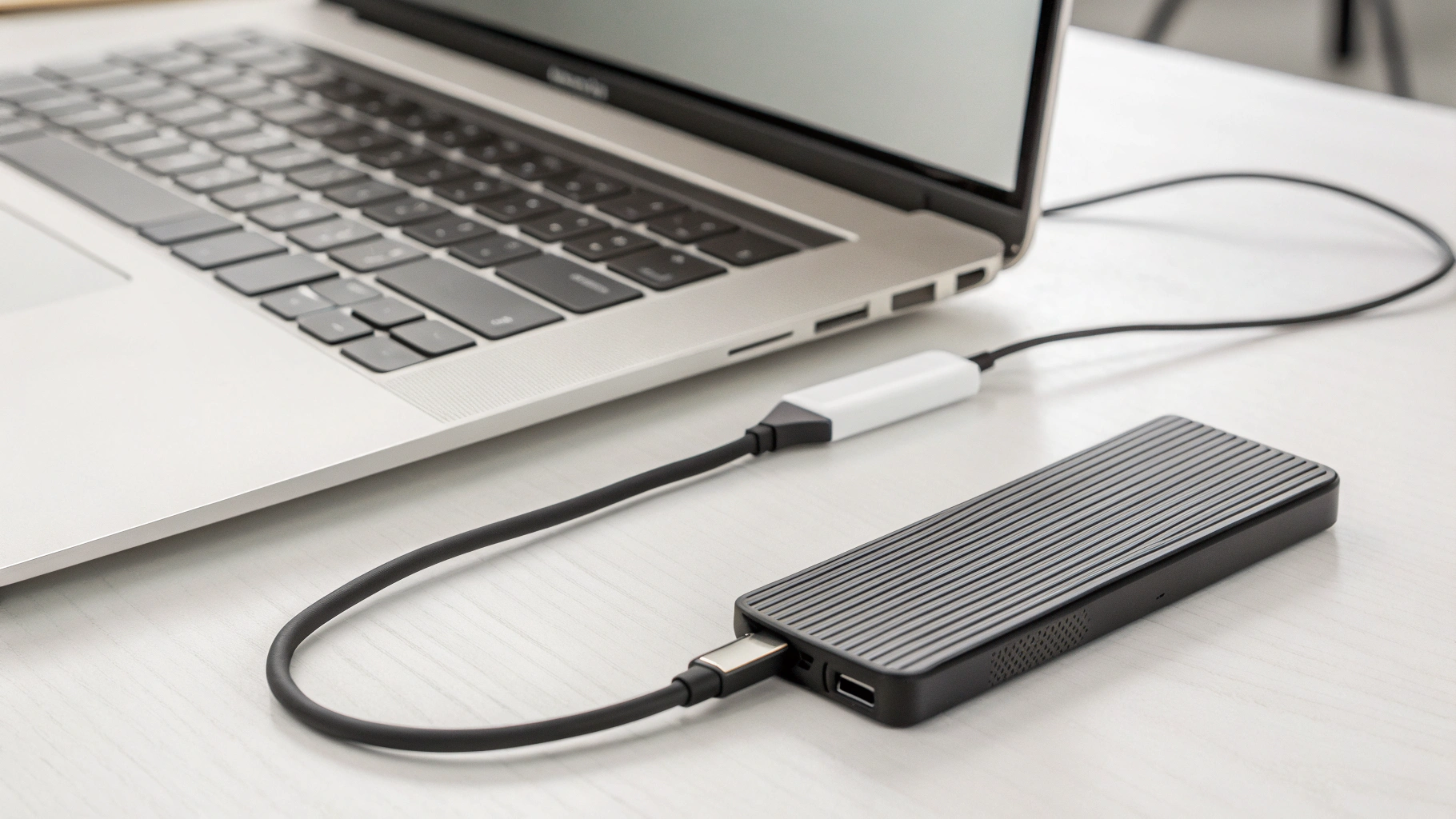 Сертифицированный кабель Thunderbolt 5 и корпус NVMe рядом с MacBook