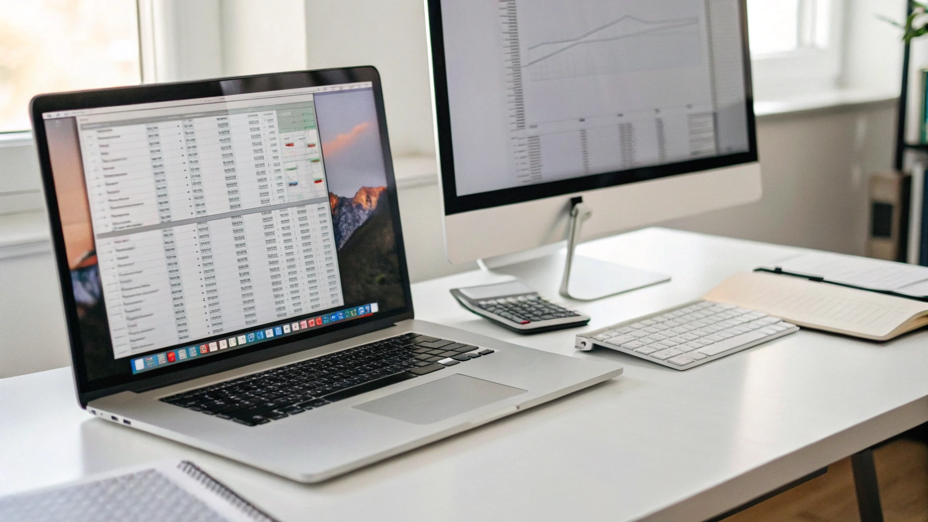 MacBook Pro с двумя внешними мониторами на рабочем месте бухгалтера