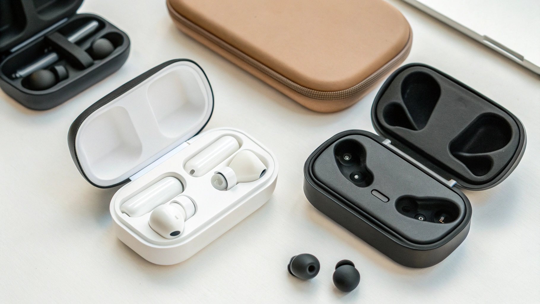 Подборка бюджетных TWS с ANC и кейсами на столе