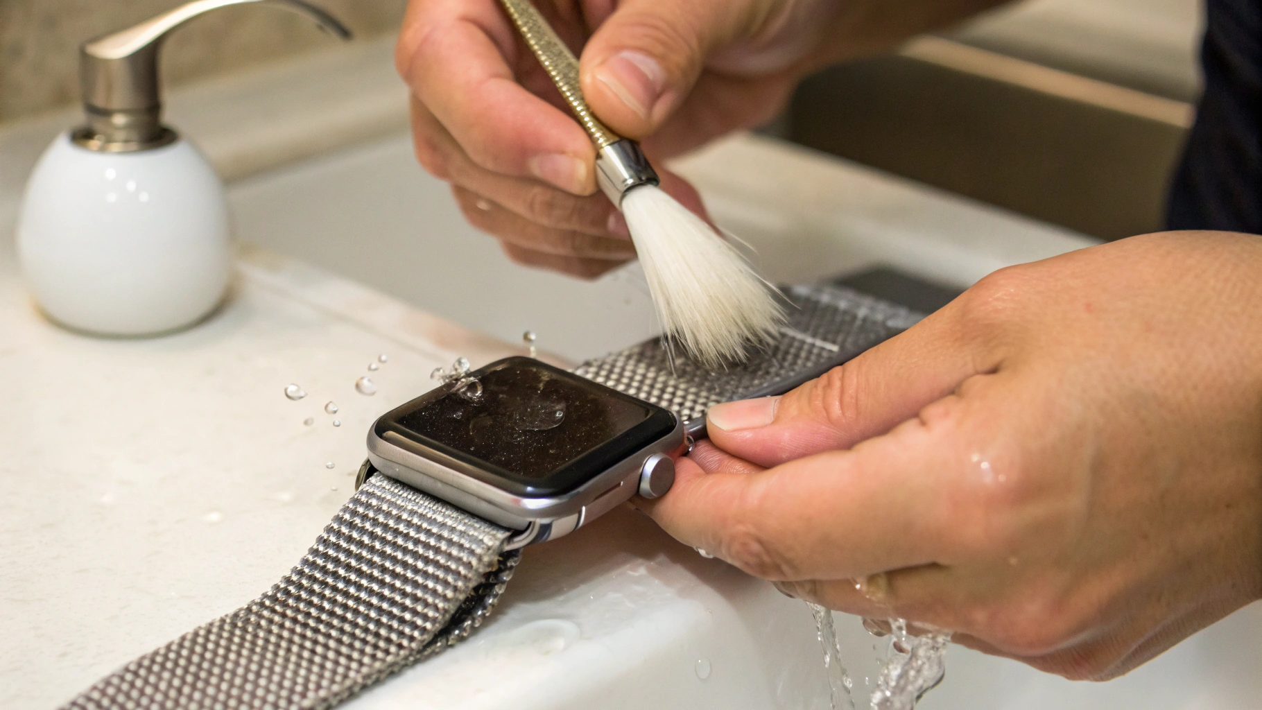 Чистка миланской петли мягкой щёткой и водой рядом с Apple Watch
