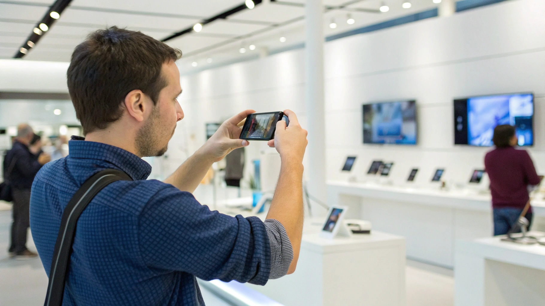 Покупатель проверяет камеру смартфона Samsung в магазине: автофокус, зум и видео