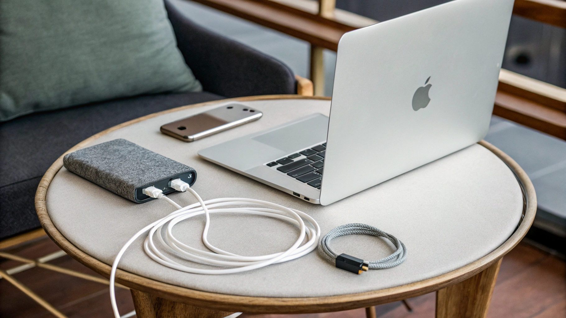 Переходники USB‑C, кабель MagSafe и MacBook Air M3 на компактном столе