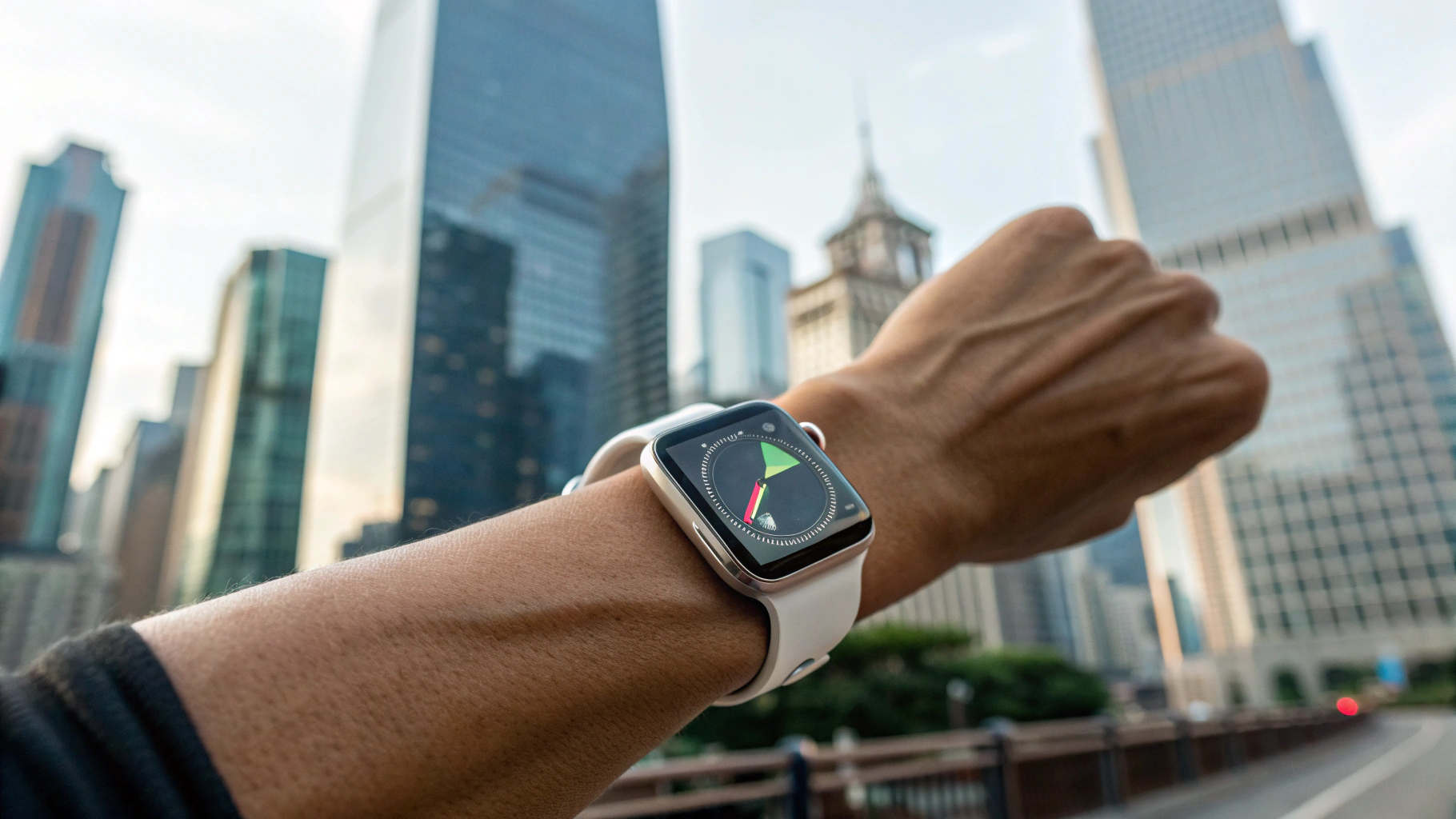 Apple Watch Ultra на запястье во время пробежки в городе, виден трек GPS