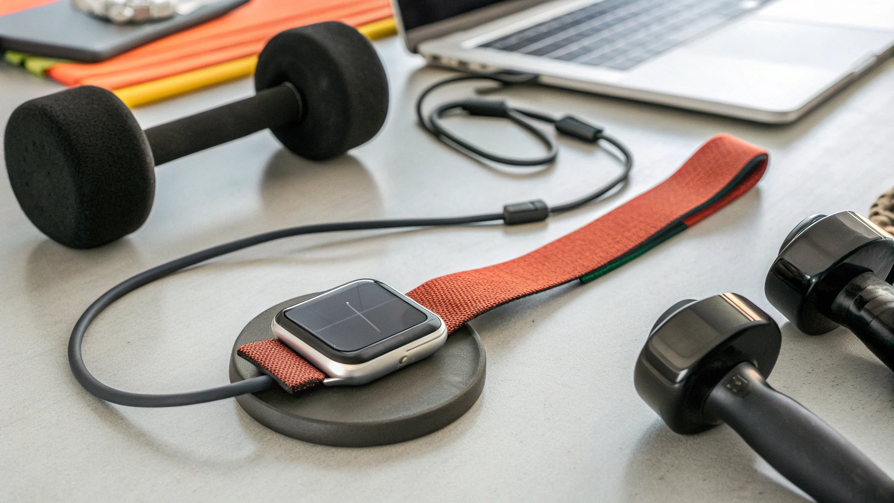 Зарядка Apple Watch Ultra на магнитной шайбе рядом со спортивным снаряжением