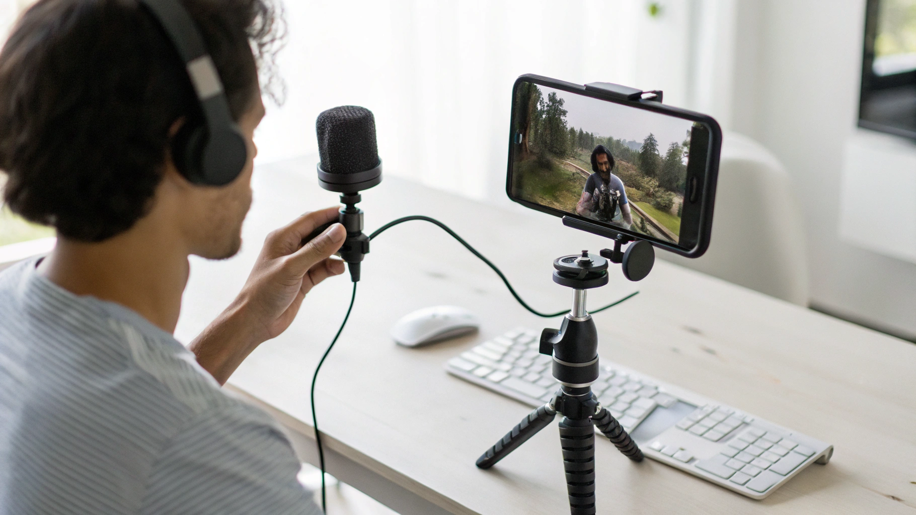 Запись геймплея на iPhone с подключённым USB‑C микрофоном на столе