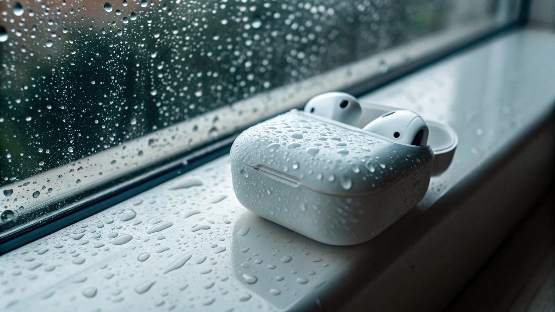 AirPods и кейс с каплями воды на подоконнике под дождём