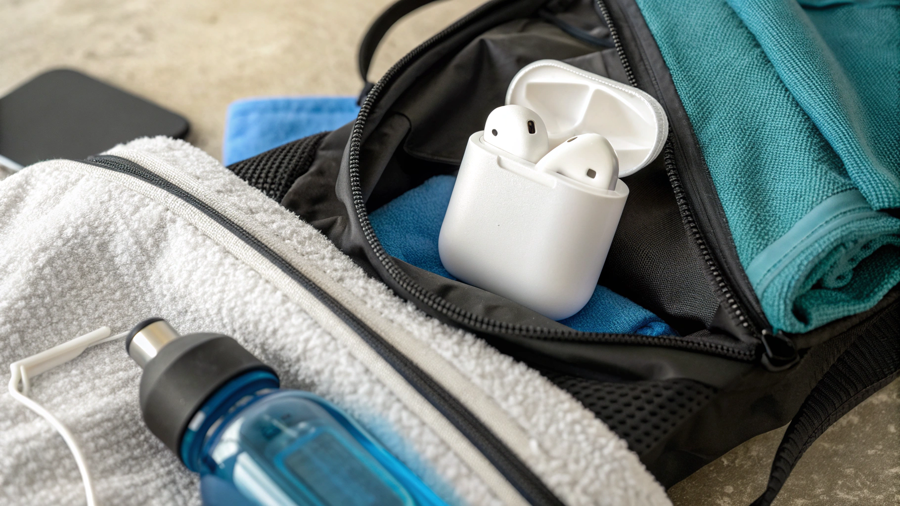 Кейс AirPods в силиконовом чехле на карабине внутри спортивного рюкзака