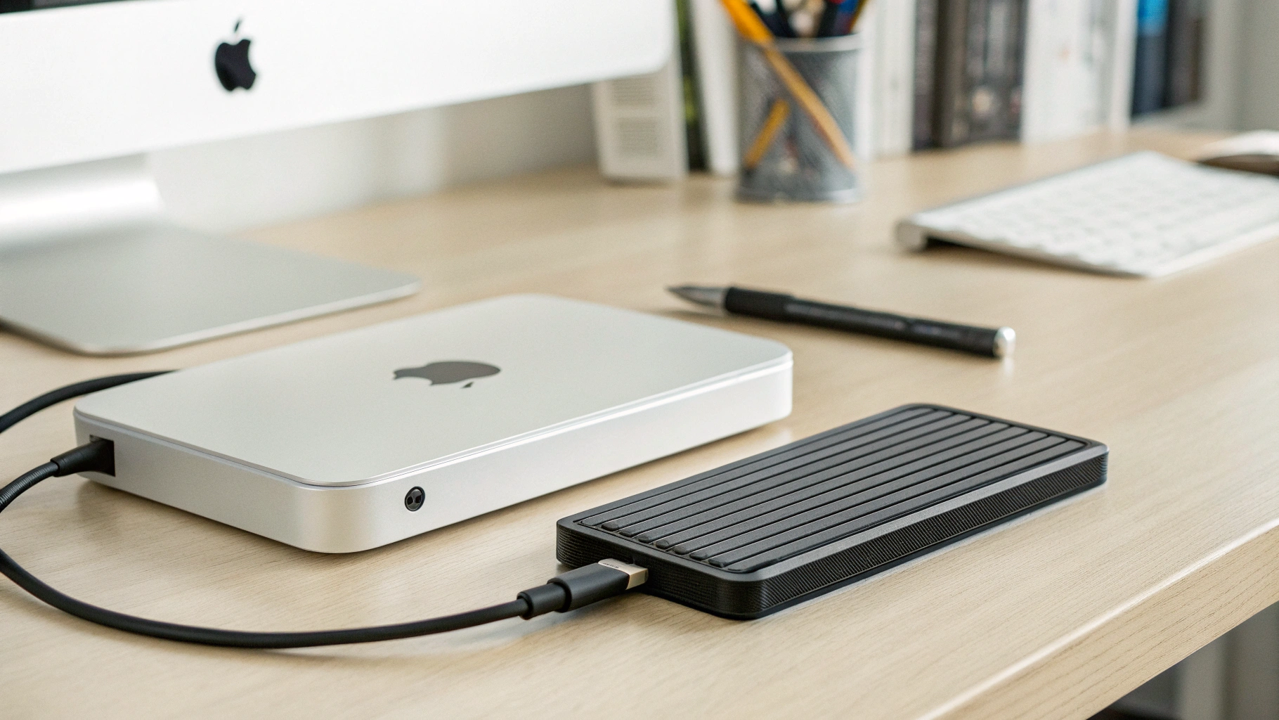 Внешний NVMe SSD в корпусе Thunderbolt рядом с Mac mini