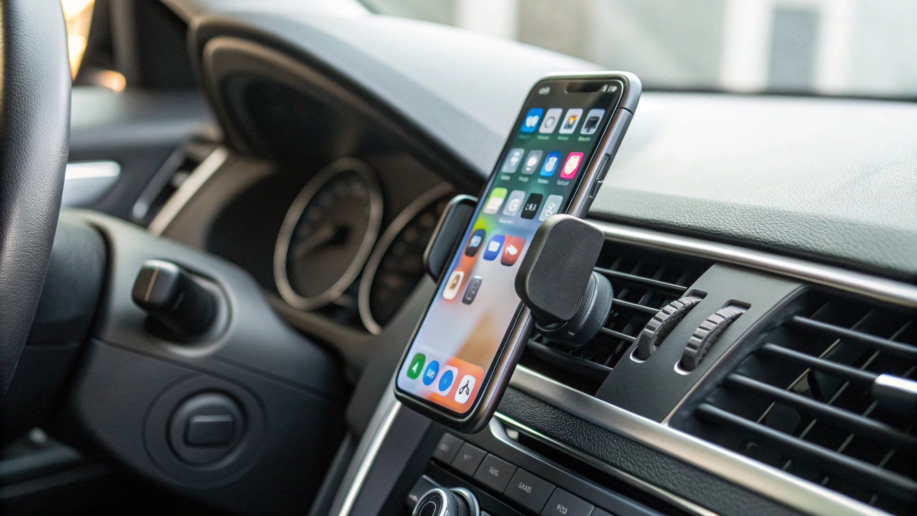 Крепление iPhone на центральном дефлекторе, правильный угол к водителю, зоны Airbag свободны