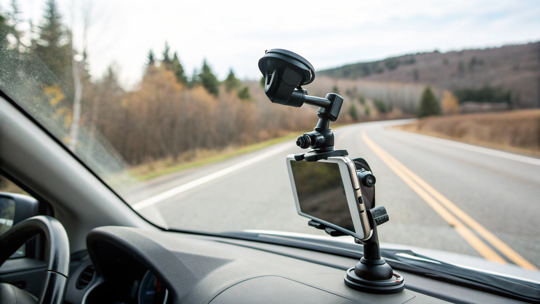 Присоска на нижней кромке лобового стекла, короткая «шея», обзор не закрыт