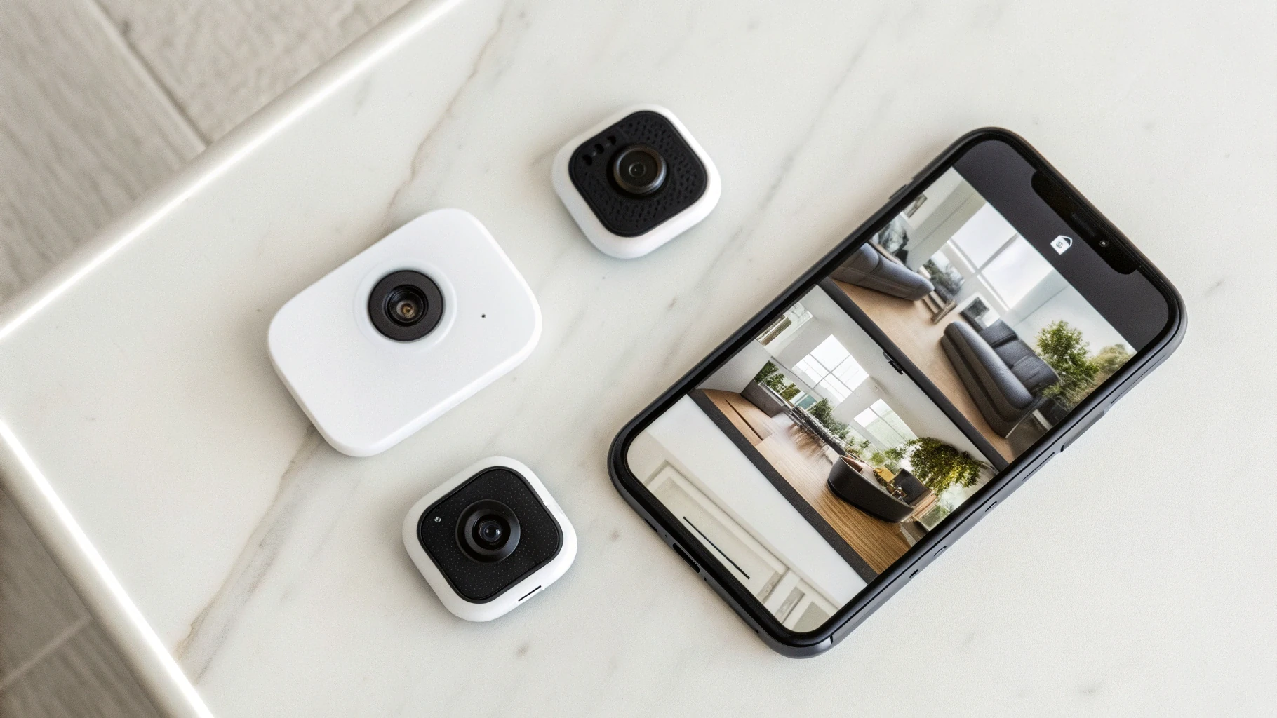 Несколько компактных HomeKit‑камер и iPhone с приложением Дом