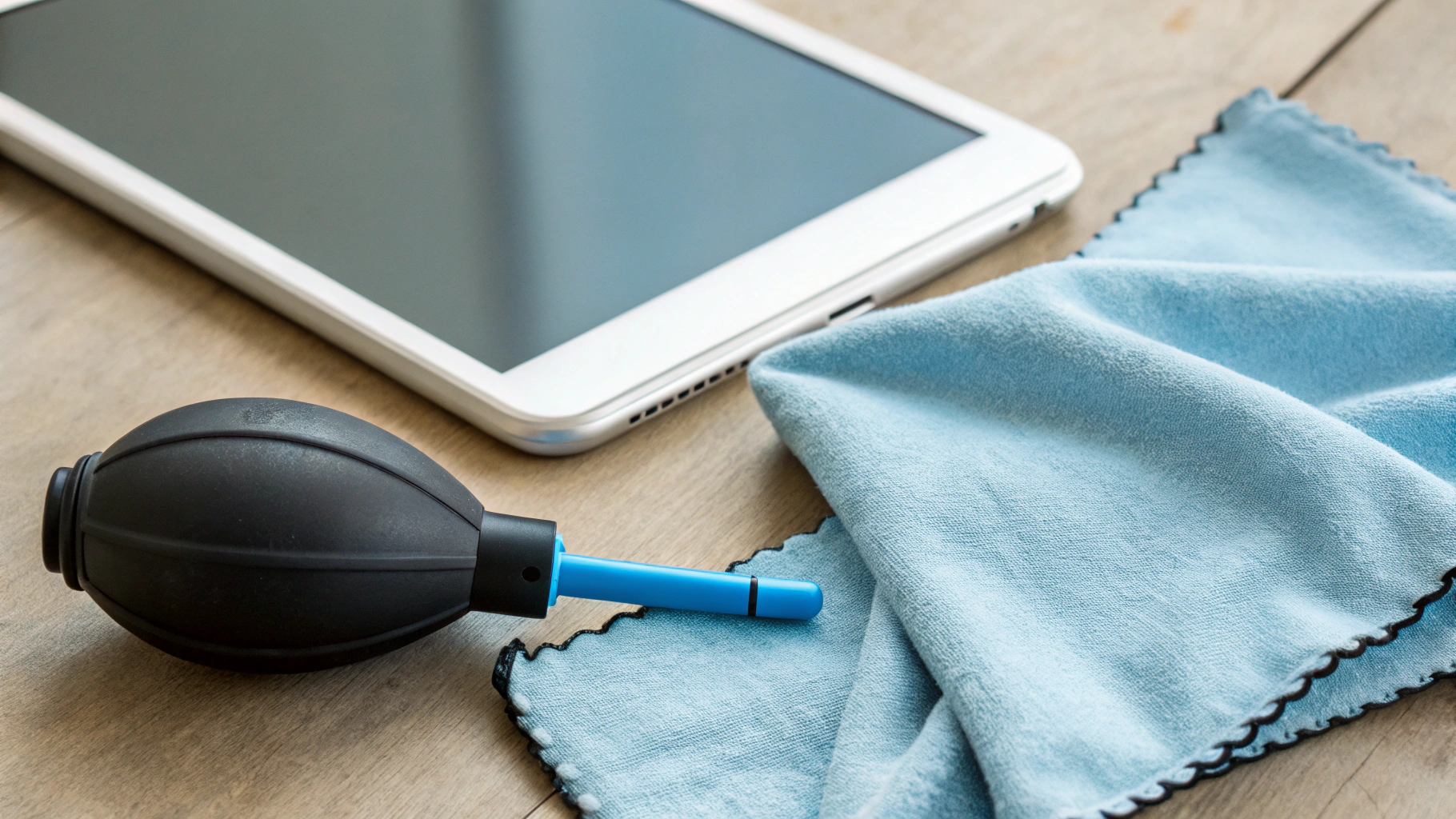 Микрофибра и груша для продувки рядом со смартфоном и планшетом