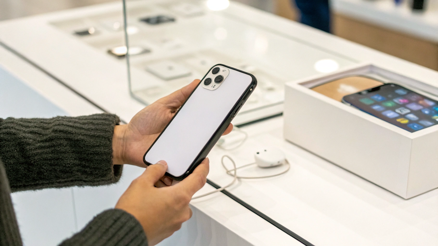 Крупный план iPhone 16 Pro рядом с коробкой на 256 ГБ на стойке магазина