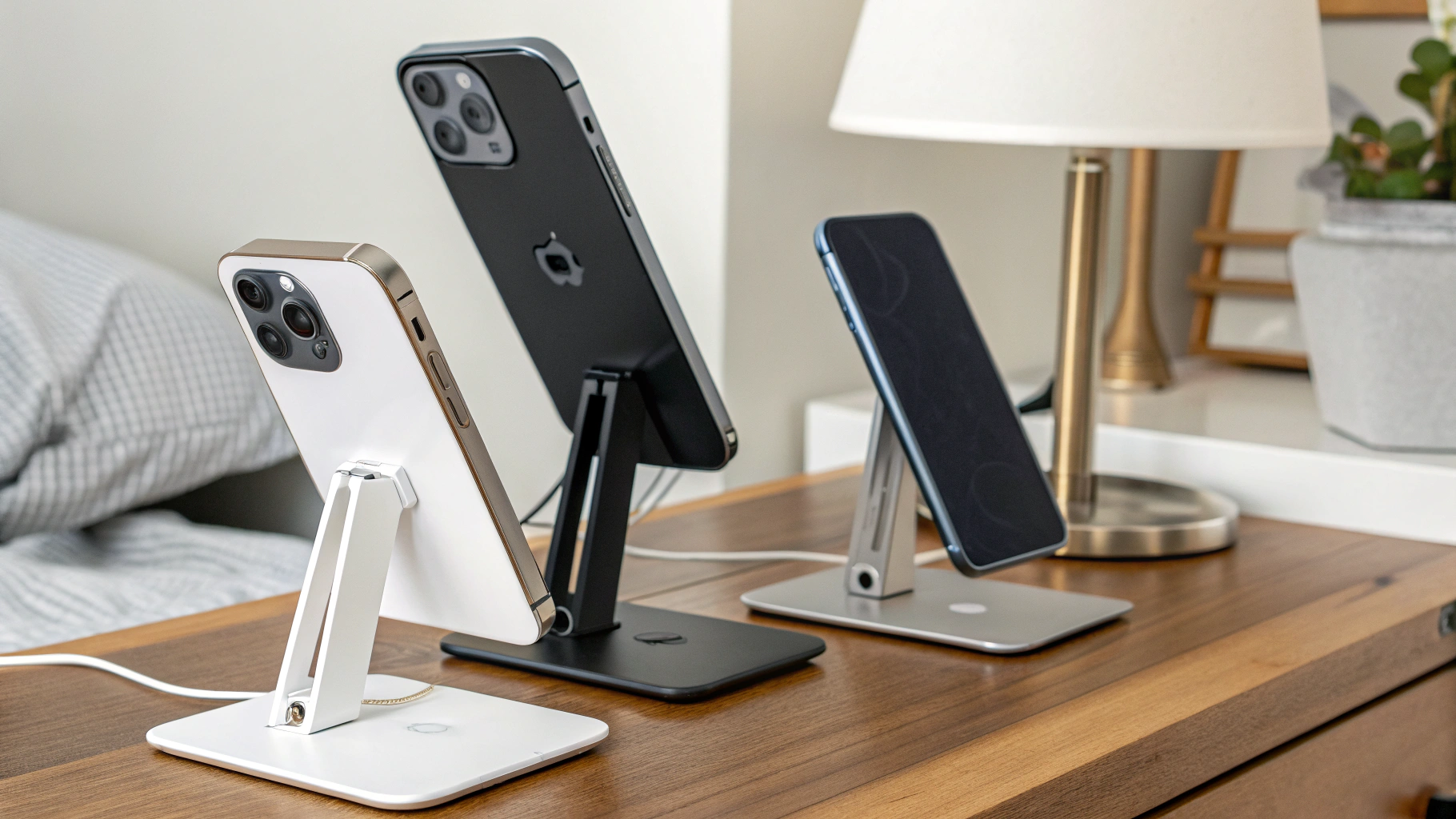 Разные подставки MagSafe и Qi2 для iPhone на тумбочке
