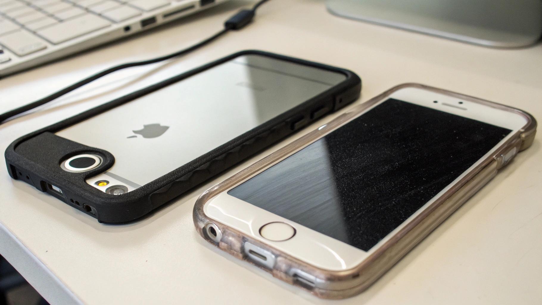 Galaxy A и iPhone SE на столе с чехлом и защитным стеклом
