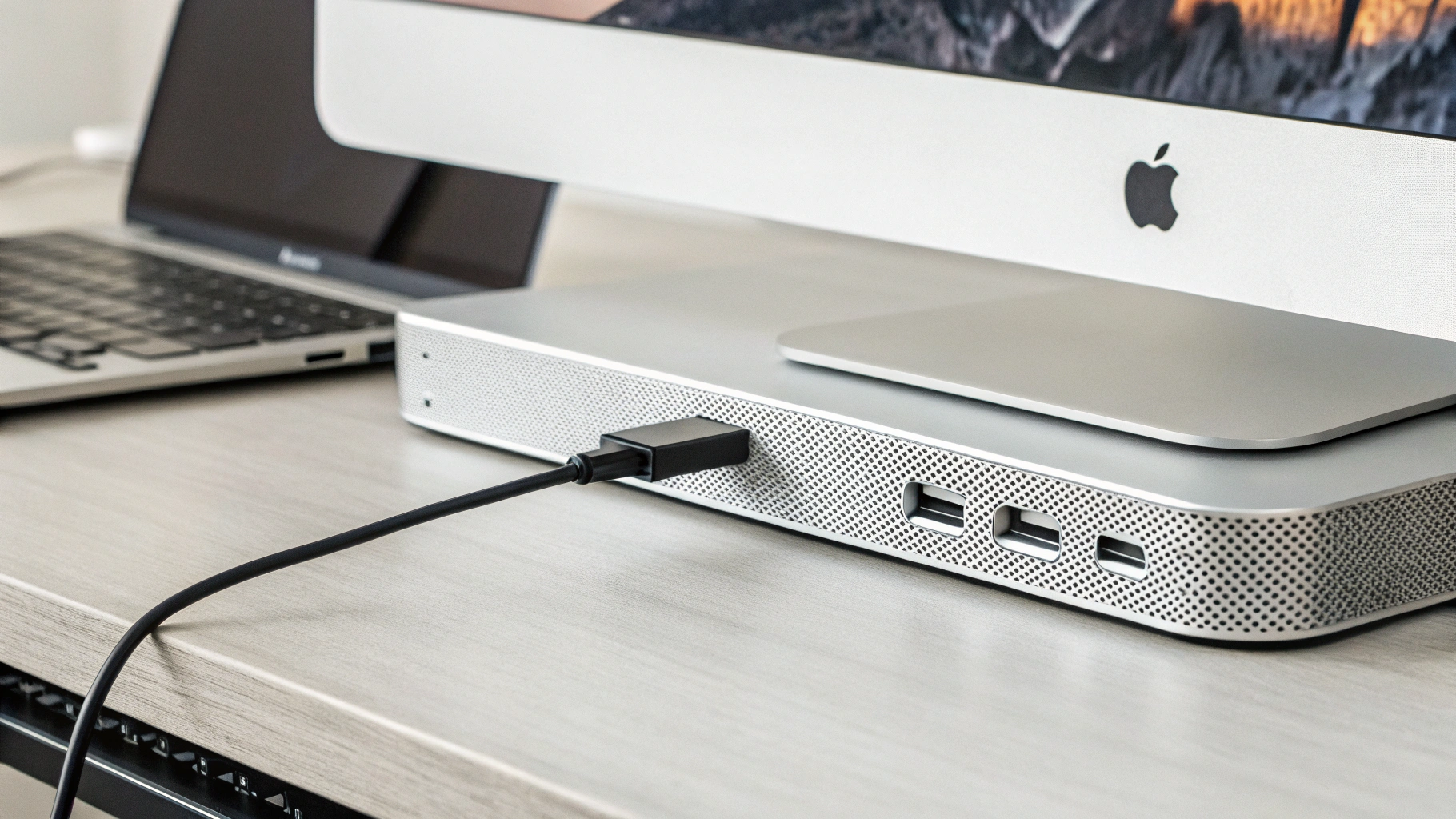 Порты Mac Studio спереди с подключённым картридером и SSD