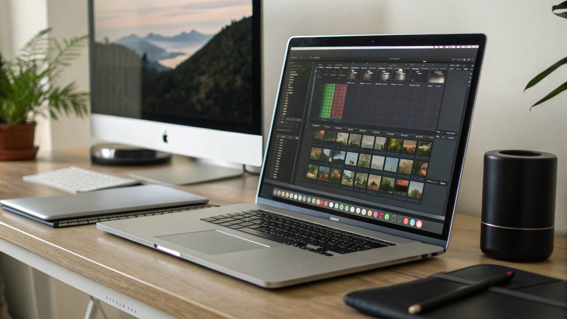 MacBook Pro с таймлайном монтажа рядом с внешним монитором